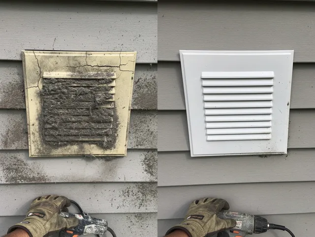 Warrensville Heights Dryer Vent Cleaning technician installing high-quality dryer vent cover at a residential property in Warrensville Heights