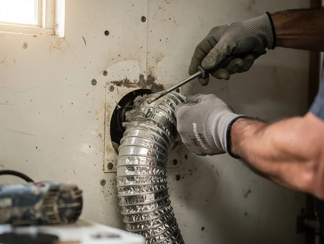 Warrensville Heights Dryer Vent Cleaning technician performing precise dryer vent hose installation in Warrensville Heights
